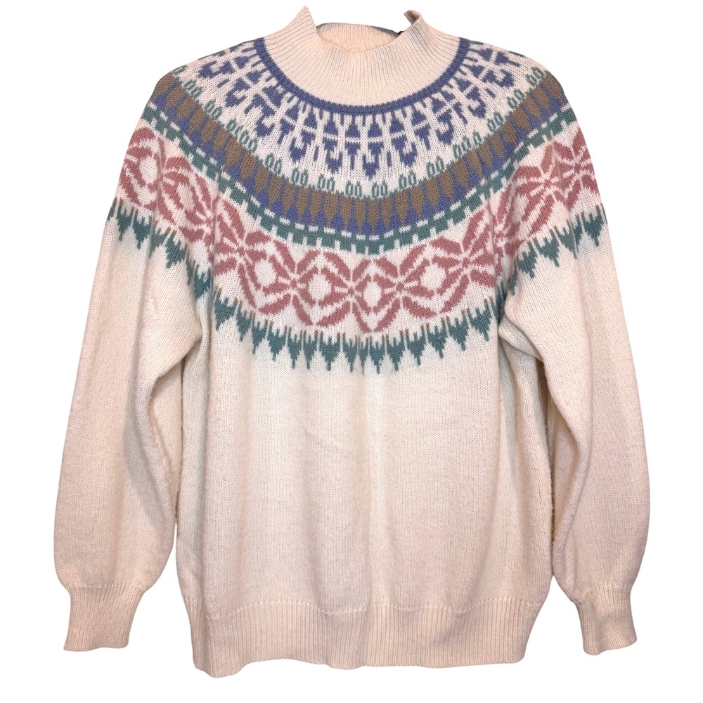 Fair Isle Knit Sweater Size L Mock Neck Pastel Pullover Yoked winter ski 80s